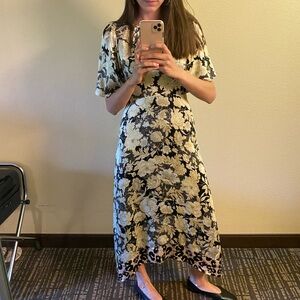 Rebecca Taylor Black and Cream Floral Midi Dress